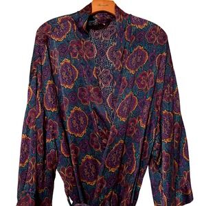 Vintage Frederick's‎ of Hollywood 100% Silk Paisley Kimono Robe Purple Gold OS